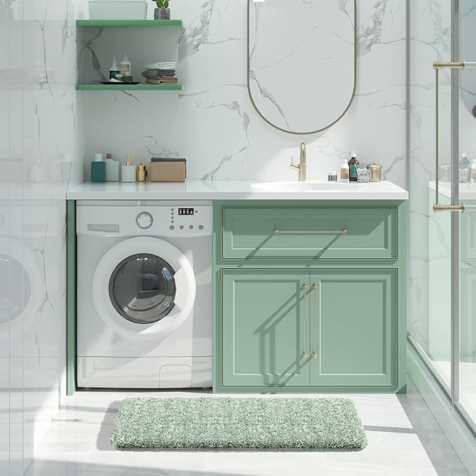 Yimobra Light Green and White Bathroom Rugs Non Slip Washable 36x24, Ultra Soft and Water Absorbent Bath Mats, Plush Fluffy Shower Mat Outside, Luxury Microfiber Thick Matts for Bathroom Floor/Tub