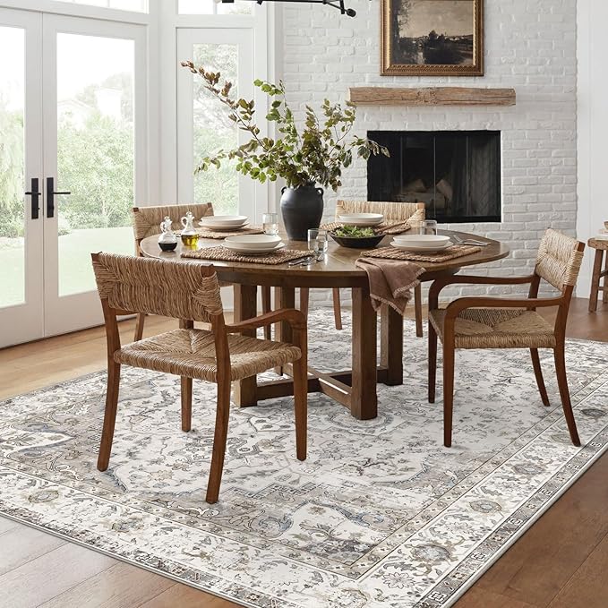 Washable Area Rug 8x10 - Large Cream Boho Rugs for Living Room Soft Vintage Bedroom Rug Ultra-Thin Distressed Oriental Carpet Stain Resistant Rug for Dining Room Guest Room Home Decor