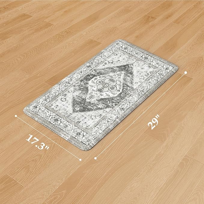 KIMODE Anti Fatigue Kitchen Mats for Floor,17.3" x 29" Cushioned Boho Vintage Grey Kitchen Rugs,Non-Slip Waterproof Kitchen Sink Standing Mat Wipe Clean for Kitchen,Laundry Floor