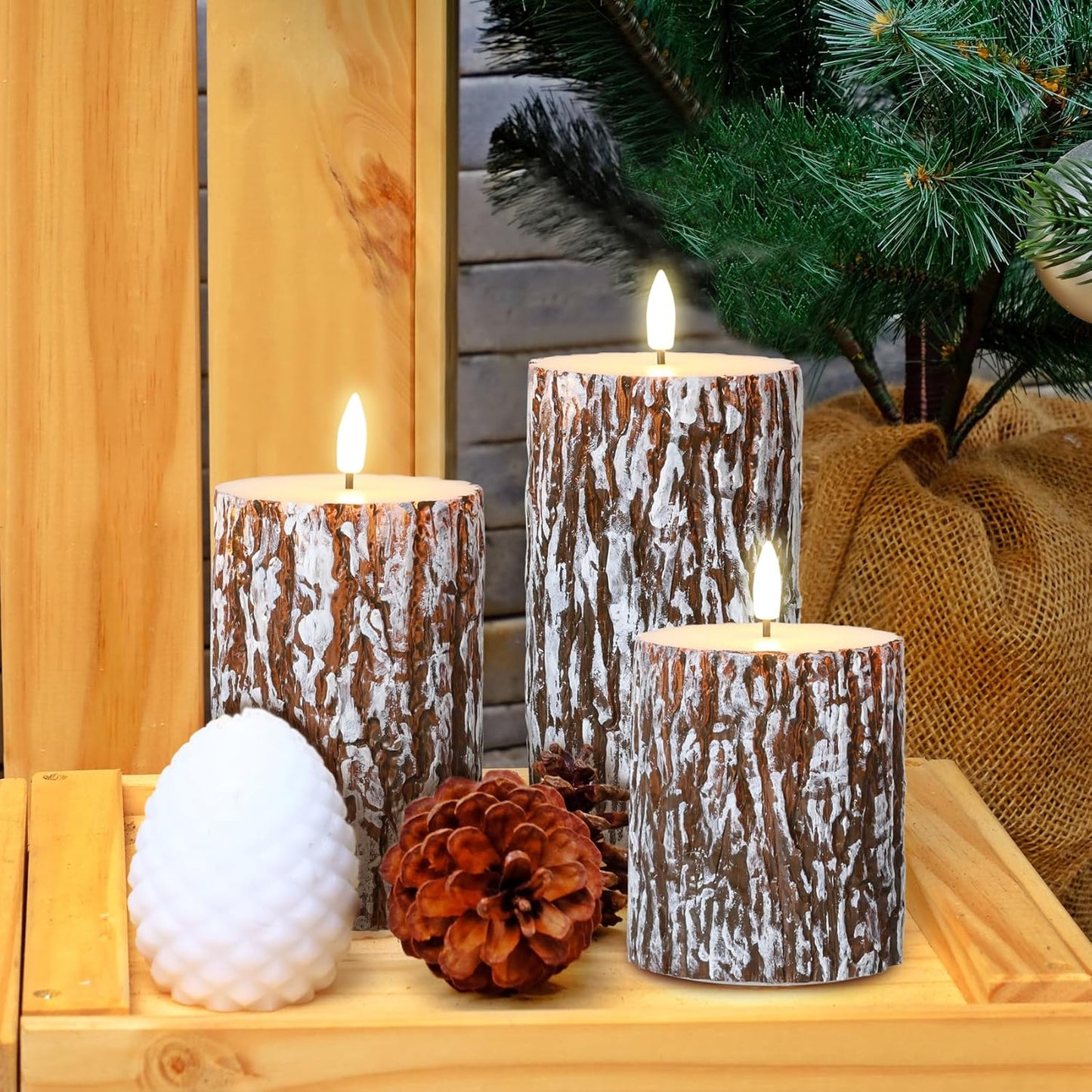 Eywamage Brown Pine Bark Flameless Pillar Candles with Remote, Farmhouse Battery Operated LED Wood Candles Set of 3