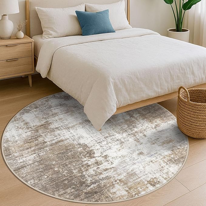 IOHOUZE Abstract Round Area Rug 6 Ft Washable Circle Rugs Large Round Rug Non Slip Thin Soft Circle Rugs, Printed Faux Wool Floor Carpet for Bedroom Living Room Dining Room Nursery, Beige Brown