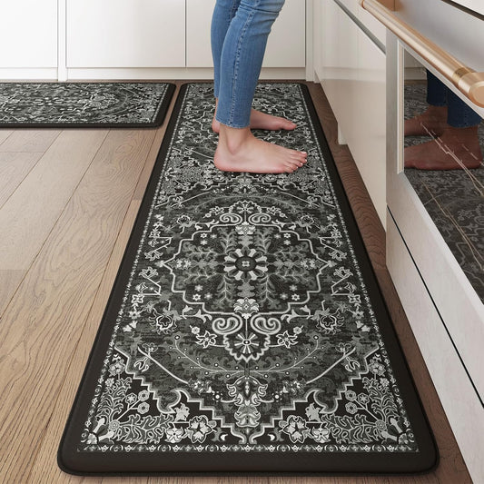 KIMODE Anti Fatigue Kitchen Mat Cushioned, Boho Distressed Kitchen Rugs Sets of 2, Non Slip Memory Foam Kitchen Mat for Floor, Standing Desk Mat for Laundry Office Sink 17.3"x29"+17.3"x59" Black