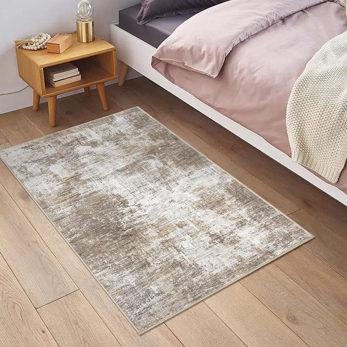IOHOUZE Small Abstract Area Rug 2x3 Ft Entryway Rugs Washable Door Mat Indoor Entrance, Rubber Backed Throw Rugs, Printed Faux Wool Non Slip Floor Carpet for Foyer Front Door Sink, Beige Brown