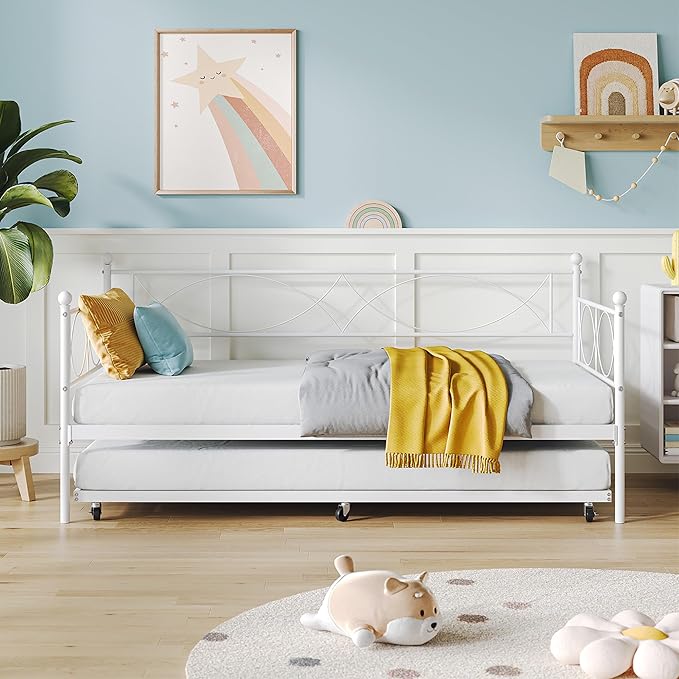 IDEALHOUSE Twin daybed with Trundle, Metal Twin Daybed and Trundle Set, Day Bed Sofa Bed Frame with Steel Slat Support, Multifunctional Daybed Frame for Bedroom (Modern - White)