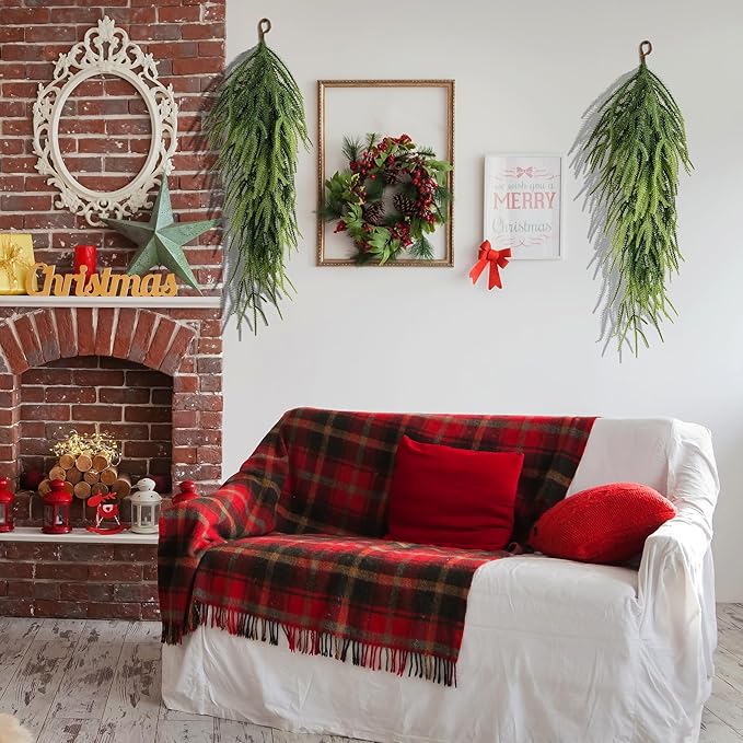 4 Pcs Extra Length Artificial Christmas Teardrop Swag, 30" Faux Pine Needles Teardrop Door Swag, Christmas Norfolk Greenery Teardrop Wreath for Xmas Door Table Mantle Fireplace Indoor Outdoor Decor