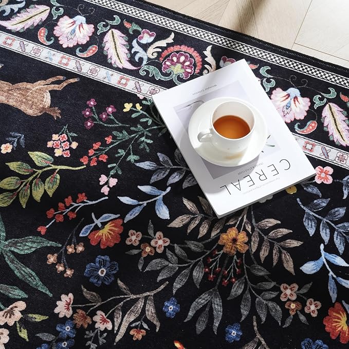 Runner Rug Washable Kitchen Runner 2'x6' Rug Floral Non-Slip for Entryway Indoor Soft Carpet for Hallways, Kitchen, Laundry, Bedroom, Bathroom (Vibrant Black)