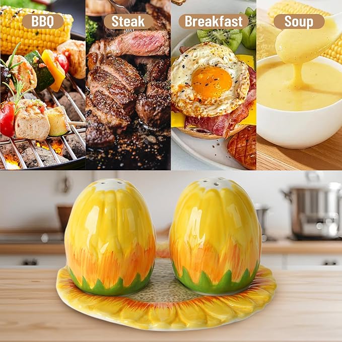 Salt and Pepper Shakers Set,Ceramic Cute Salt Pepper Shaker with Tray,Farmhouse Kitchen Gadget Decor, Sunflower Spice Salt Shaker for Home Restaurants, Cooking Table, Camp, BBQ, Refillable