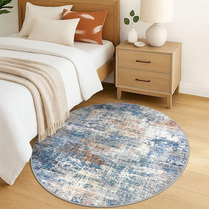 IOHOUZE Round Area Rug 5 Ft Circle Entryway Rugs Round Washable Door Mat Indoor Entrance, Non Slip Circle Front Door Rug, Printed Abstract Faux Wool Floor Carpet for Foyer Porch Sink, Blue Rust