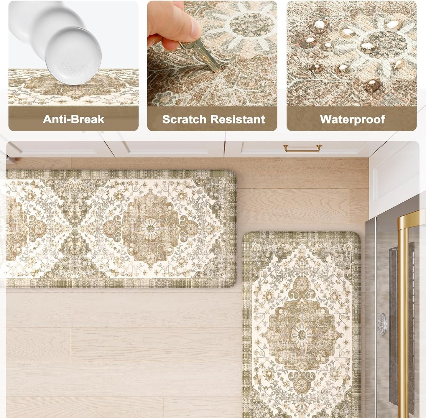 KIMODE Anti Fatigue Mats for Kitchen Floor 2 Piece, Boho Floral Kitchen Rugs Non Slip, Cushioned Kitchen Floor Mats, Comfort Standing Desk Mat for Sink, Laundry, Desk Khaki Multi 17"x47"+17"x29"