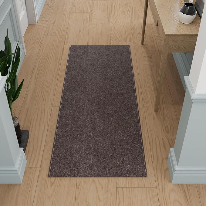 Ottomanson 2'7" x 9' Ultra-Thin Hallway Runner Rug - Durable Non-Slip Carpet for High-Traffic Areas - Fits Under Doors for Seamless Entry - Ideal for Kitchen, Entryway, Bedroom & Living Room, Brown