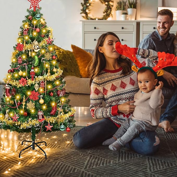 4ft Artificial Christmas Tree with Lights and Ornaments, Small Prelit Xmas Tree with Hanging Balls (8 Modes) for Home Holiday Decoration, Gold+Red+Green