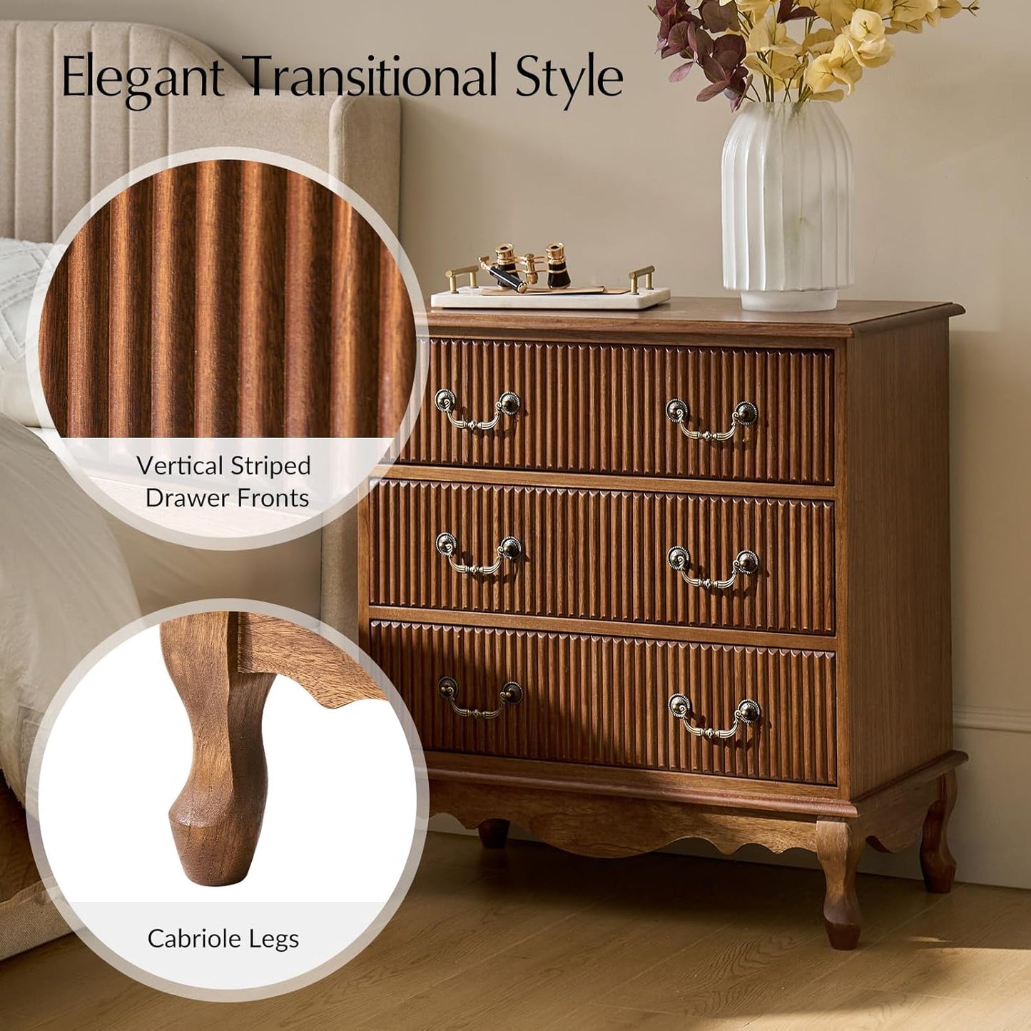 HULALA HOME Transitional Nightstand Set of 2 with 3 Drawers and Charging Station, 28" Solid Paulownia Wood Nightstand with Fluted Front Design, Cherry