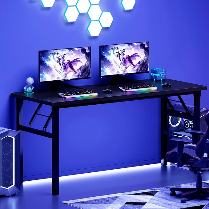 DlandHome Computer Desk 62 inches Office Desk Computer Table Study Writing Desk Workstation for Home Office Metal Frame Black and Black