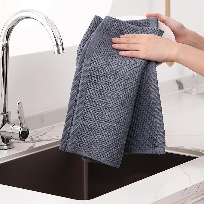 Homaxy 100% Cotton Oversized Waffle Weave Kitchen Dish Towels, Ultra Soft Absorbent Quick Drying Cleaning Towel, 20 x 28 Inches, 4-Pack, Dark Grey