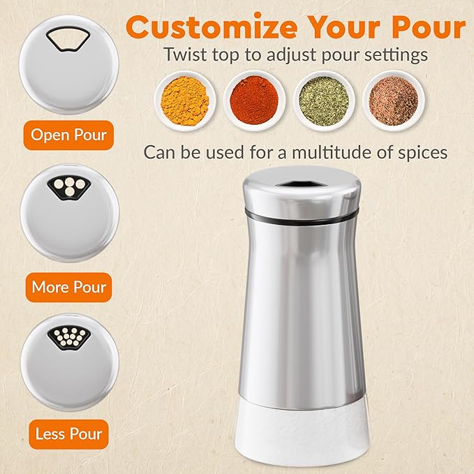 HOME EC Original Glass Salt shaker or Pepper Shaker with Adjustable Pour Holes - Stainless Steel Encased - For salts, ground peppercorns and spices - Great For Farmhouse or RV Camping