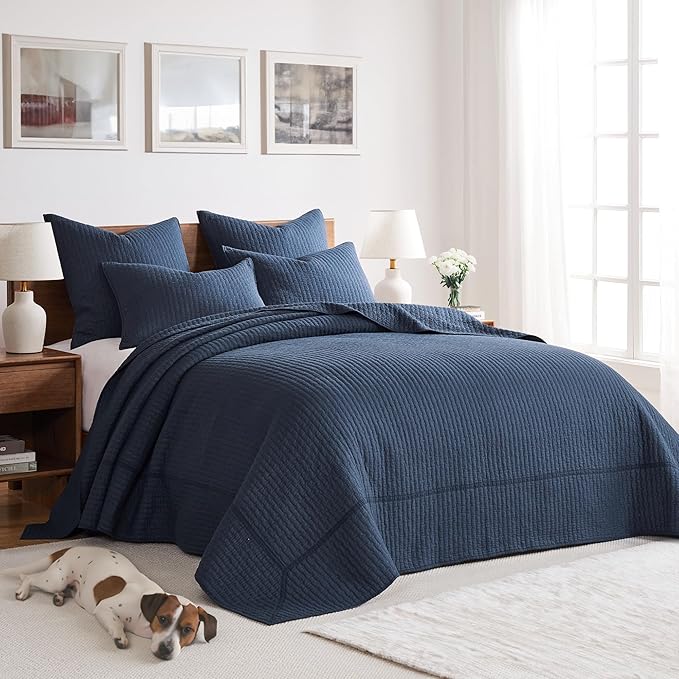 Levtex Home Cross Stitch Reversible Queen Bedspread Set (104x106in) with 2 Pillow Shams (26x20in) - Stitch Texture - Navy - Cotton Queen Size Bedspread Set - Lightweight, Soft, Pre-Washed