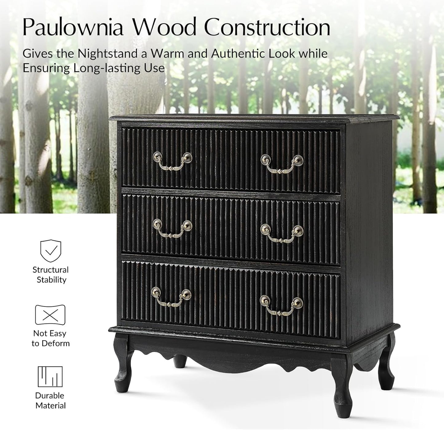 HULALA HOME Transitional Nightstand with 3 Drawers and Charging Station, 28" Solid Paulownia Wood Nightstand with Fluted Front Design, Charcoal