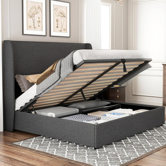 Jocisland Lift Up Storage Bed Queen Size Linen Upholstered Platform Bed Frame/Hydraulic Storage/Modern Wingback Headboard/No Box Spring Needed/Wood Slats Support/Dark Grey