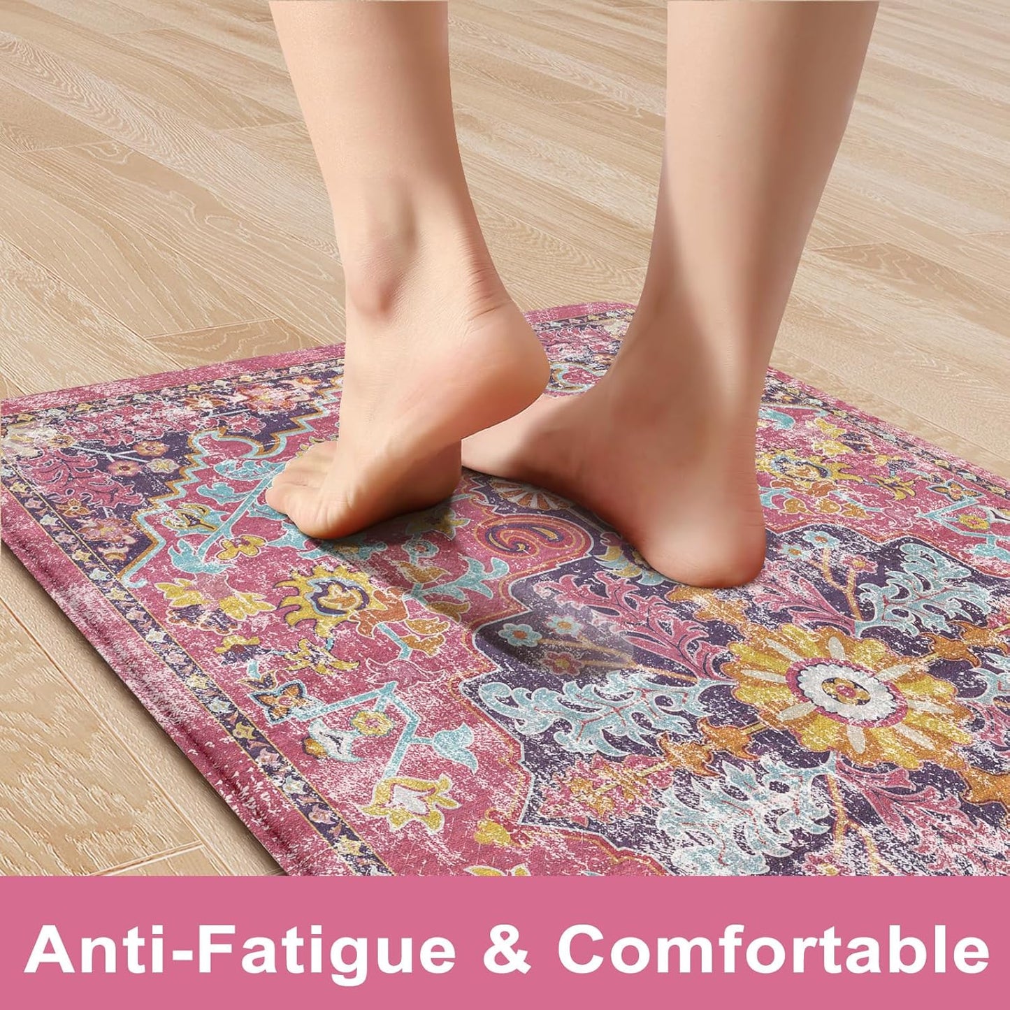 KIMODE Anti Fatigue Kitchen Mat, Cushioned Kitchen Mats for Floor, Boho Vintage Kitchen Rugs, Comfort Foam Standing Desk Mat for Laundry, Office, Sink Fuchsia/Multi 17.3"x59"