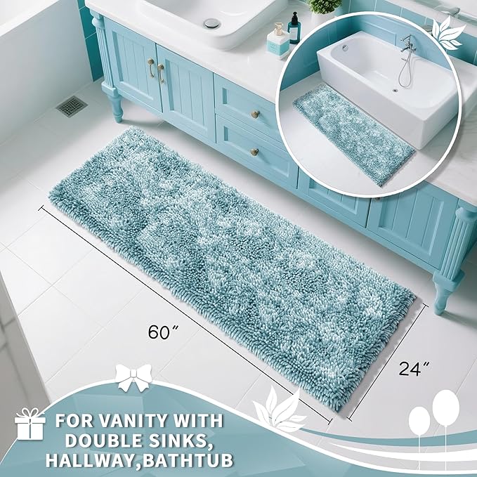 Yimobra Long Bathroom Rugs Runner 60x24 Inch, Extra Thick Soft Absorbent Chenille Bath Mat, Non Slip Machine Washable, Quick Dry Bath Rugs for Bathroom Floor, Tub and Shower, Greyish Blue