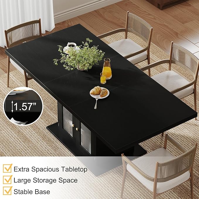 HSH Black Dining Table for 4 to 6, Modern Kitchen Dining Room Table with 3-Tier Storage Shelf and Acrylic Door Cabinet, Rectangular Wooden Dinner Tables for Home Kitchen Living Room, Black Oak，63 in