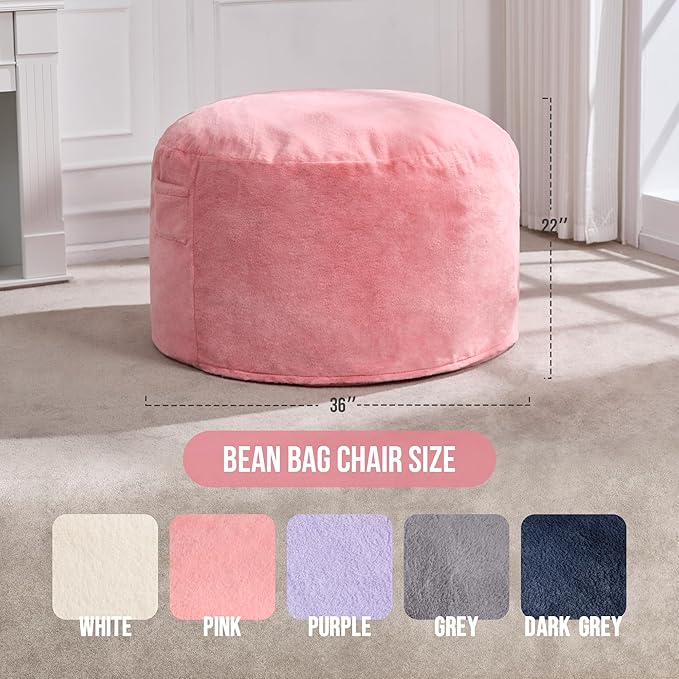 Hobestluk 3ft Bean Bag Chairs for Adults Large Beanbag Chair with Plush Faux Fur Cover Big Bean Bag Chair for Living Room Bedroom Dorm Office -Pink (36” x 36” x 22”)