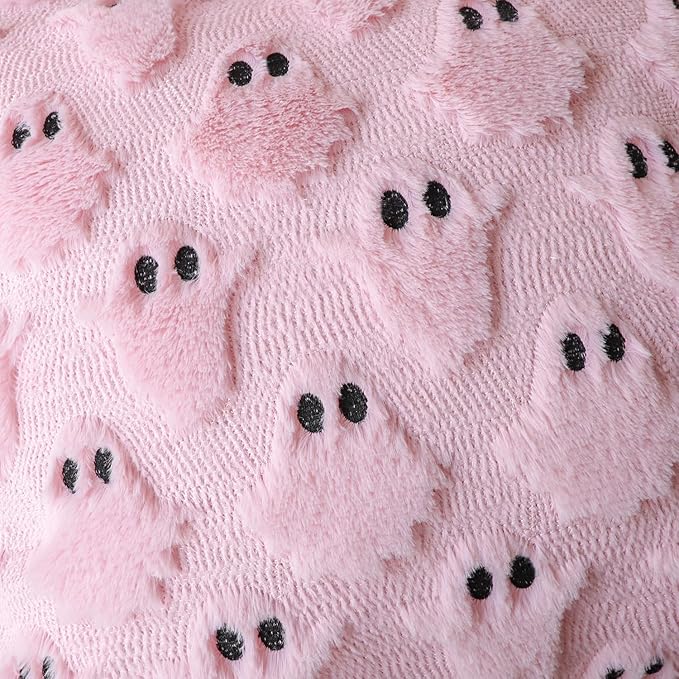 4TH Emotion Halloween Ghost Decorative Pillow Covers 20x20 Set of 2, Pink Soft Plush Faux Fur Farmhouse Throw Cushion Cases for Fall Autumn Holiday Home Decorations