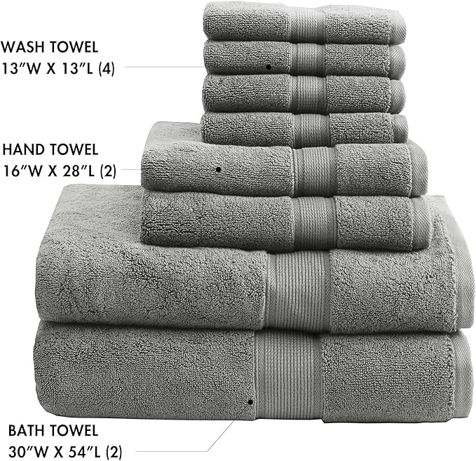Madison Park 800GSM Bathroom Towel Set of 8 100% Cotton Bath Towel Set for Bathroom Luxurious Highly Absorbent 2 Bath Towels 2 Hand Towels 4 Washcloths Quick Dry Spa Quality Grey