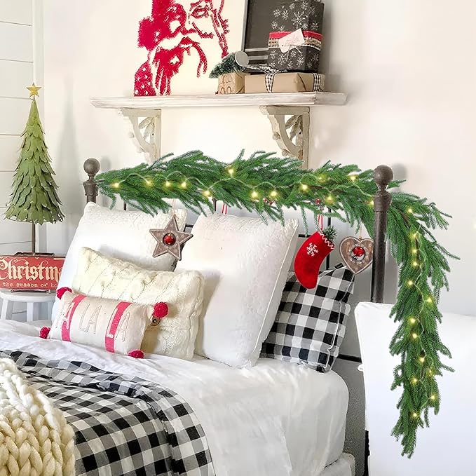 Hananona 2 Pcs 6 Ft Artificial Norfolk Pine Garlands, Real Touch Winter Pine Garland, Green Artificial Greenery Garland for Table, Mantle, Wall, Indoor, Outdoor Christmas Decorations (2, 6 FT)