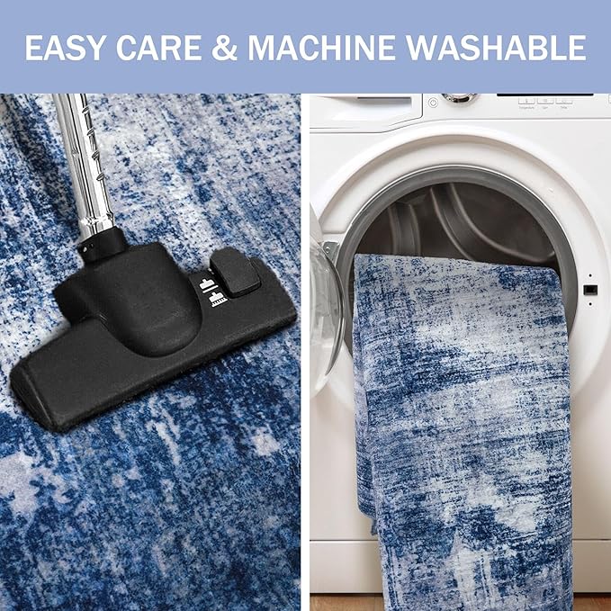 IOHOUZE Abstract Runner Rug 3x10 Ft Washable Runners for Hallways, Non Slip Kitchen Runner Printed Faux Wool Entryway Runner Indoor, Modern Abstract Floor Carpet for Hall Bedroom, Navy/Grey