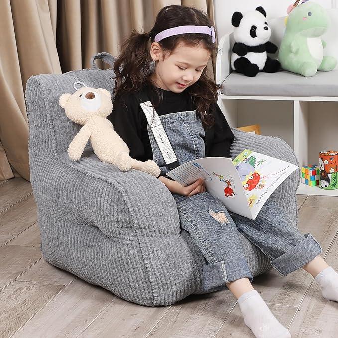 Kids Bean Bag Chair with a Plush Bear, Comfy Toddler Chair for Boys and Girls, Grey