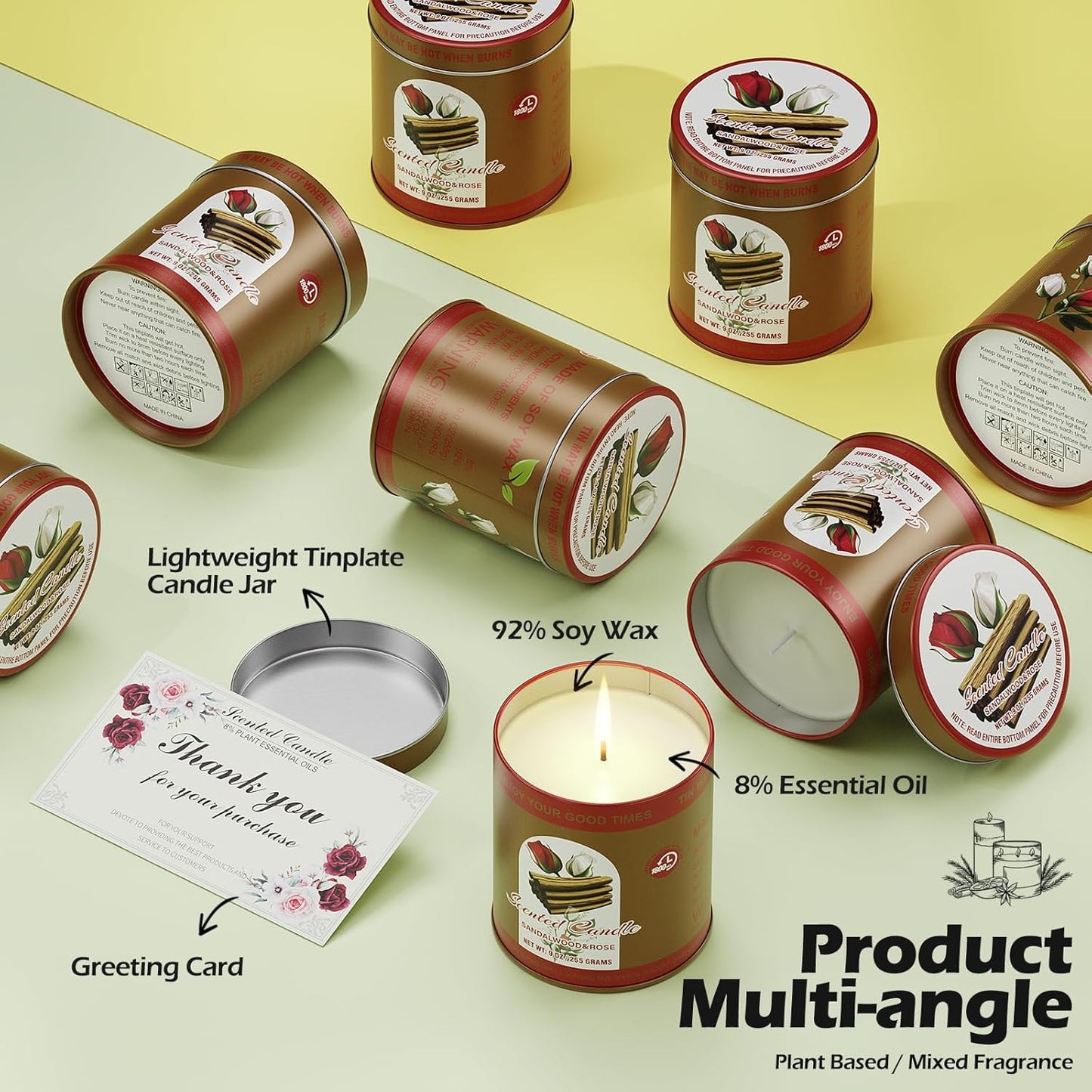 Sandalwood & Rose Scented Candles Gift Set | 2 Pack,8% Essential Oils,80-Hour Clean Burn Smoke-Free | Tin Jar Soy Wax Aromatherapy Candles Relaxation Meditation for Home Birthday Gifts for Men & Women