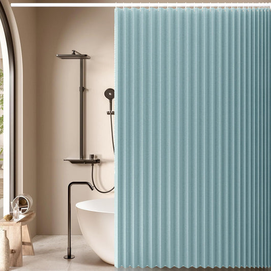Jubilantex Folding Linen Shower Curtain for Bathroom Blue Waterproof Shower Curtain 1 Panel with 14 Metal Grommets and 1 Tie Back for Hotel,70"x70"