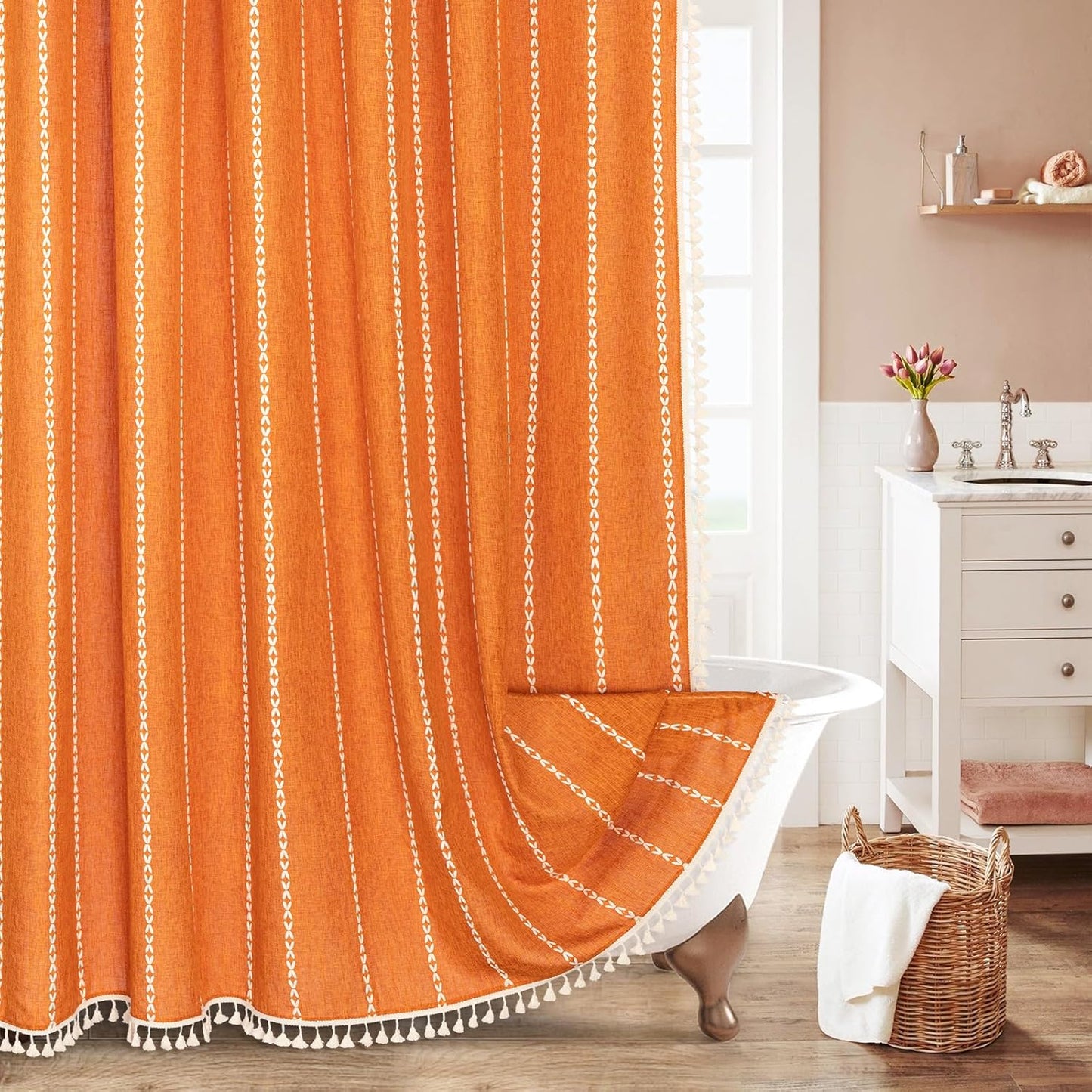 MitoVilla Boho Long Shower Curtain 72 x 78, Orange Farmhouse 78 inch Long Polyester Linen Fabric Shower Curtains with Tassel for Chic Cottagecore French Rustic Bathroom Decor
