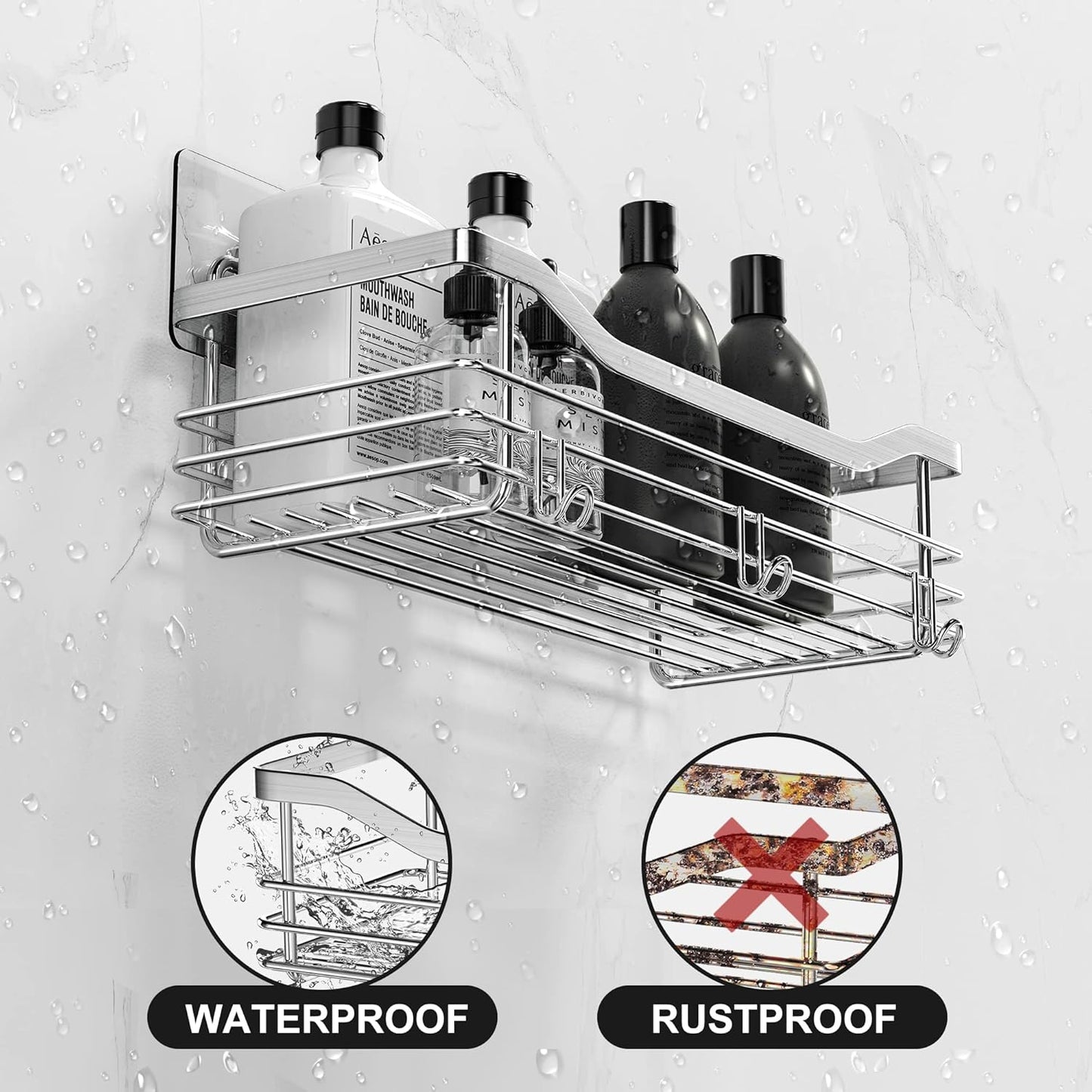 Orimade Shower Caddy Basket Shelf Storage Rack Pack of 2, No Drilling Wall Mounted Adhesive Rust Proof Stainless Steel Shower Organizer with 5 Hooks for Bathroom, Toilet, Kitchen