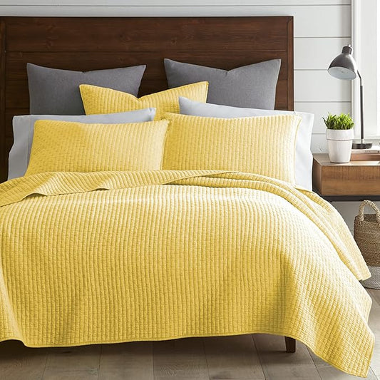 Levtex Home Cross Stitch Reversible King/Cal King Quilt Set (106x92in) and 2 Pillow Shams (36x20in) - Stitch Texture - Yellow - Cotton King Size Quilt Bedding Set - Lightweight Soft Pre-Washed