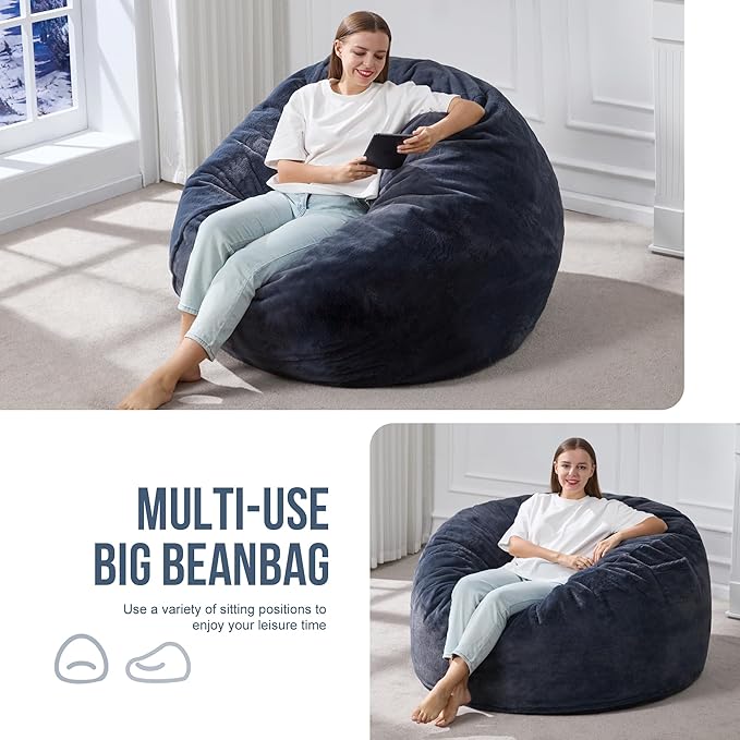 Hobestluk 4ft Bean Bag Chairs for Adults Large Beanbag Chair with Plush Faux Fur Cover Big Bean Bag Chair for Living Room Bedroom Dorm Office - Dark Grey (44” x 44” x 24”)