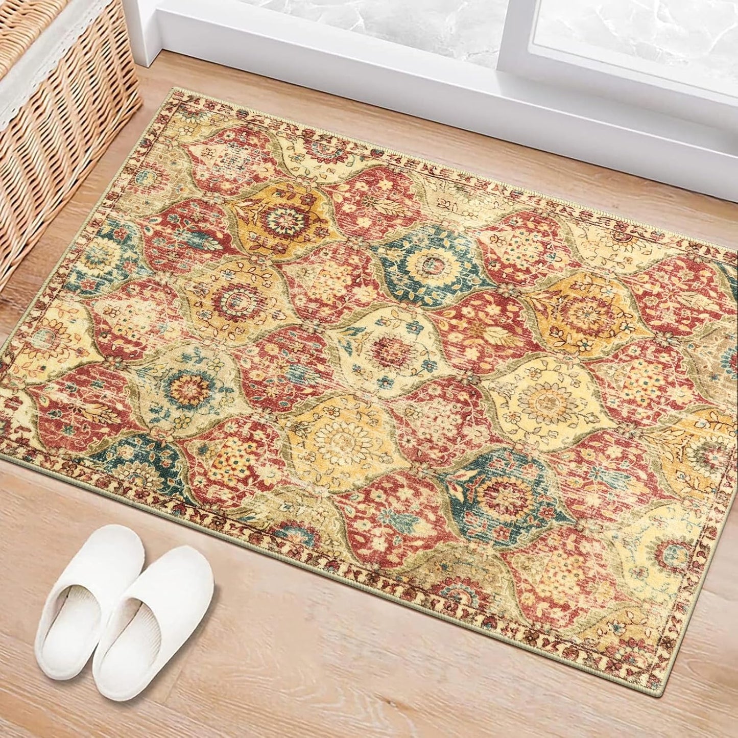 Lahome Moroccan Trellis Washable Rug, 2x3 Bathroom Rugs for Kitchen Entryway, Non-Slip Indoor Door Mat Ultra-Thin, Small Oriental Throw Carpet for Bedroom Entry, Red/Orange