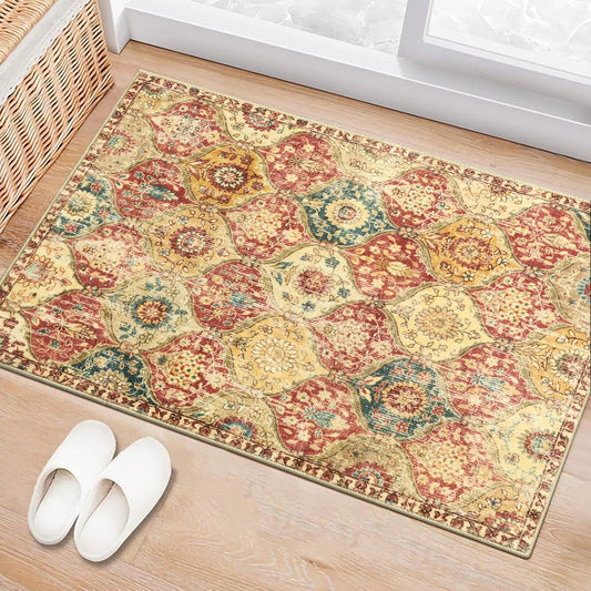 Lahome Moroccan Trellis Washable Rug, 2x3 Bathroom Rugs for Kitchen Entryway, Non-Slip Indoor Door Mat Ultra-Thin, Small Oriental Throw Carpet for Bedroom Entry, Red/Orange