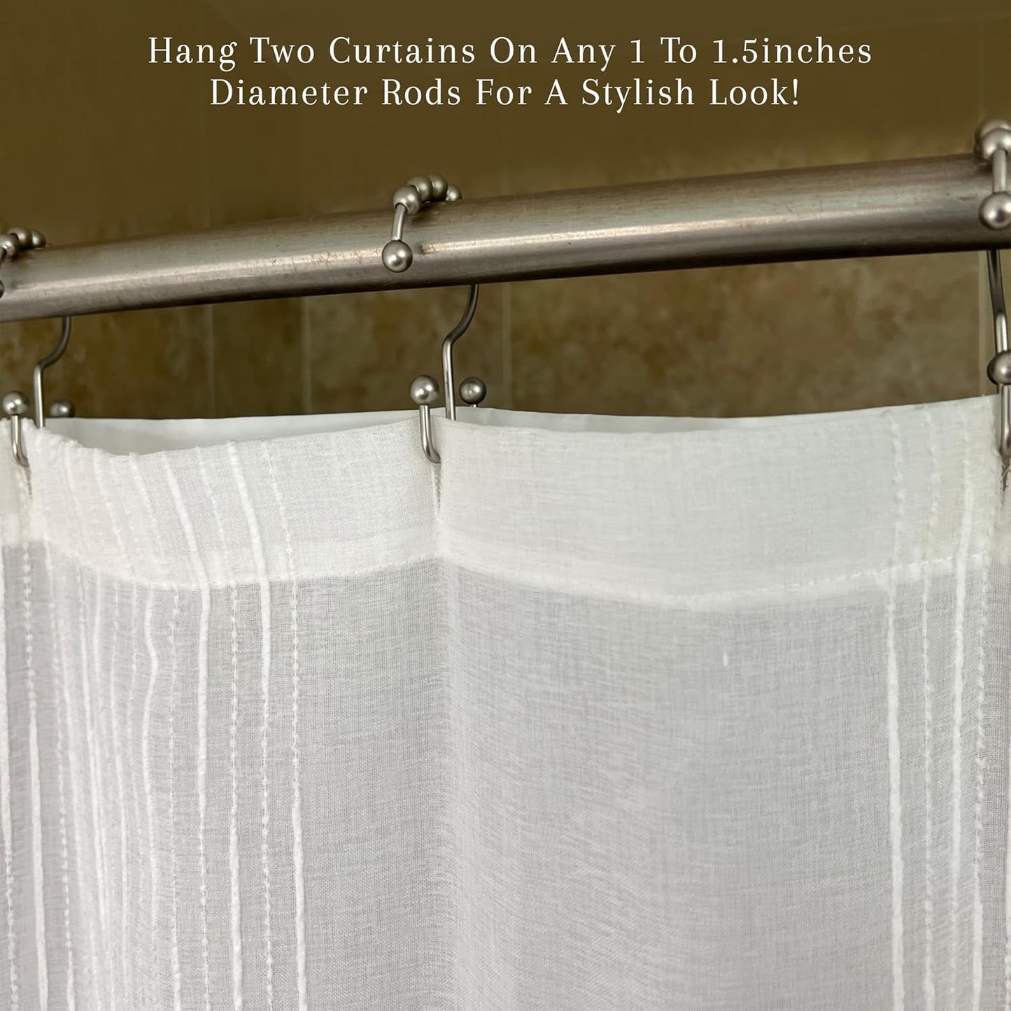 2lbDepot Double Sided Shower Curtain Hooks, Decorative Brushed Nickel Shower Curtain Hooks Rust Proof, Premium Stainless Steel Metal Hooks, Easy Glide Rollers, Set of 12 Curtain Rod Rings