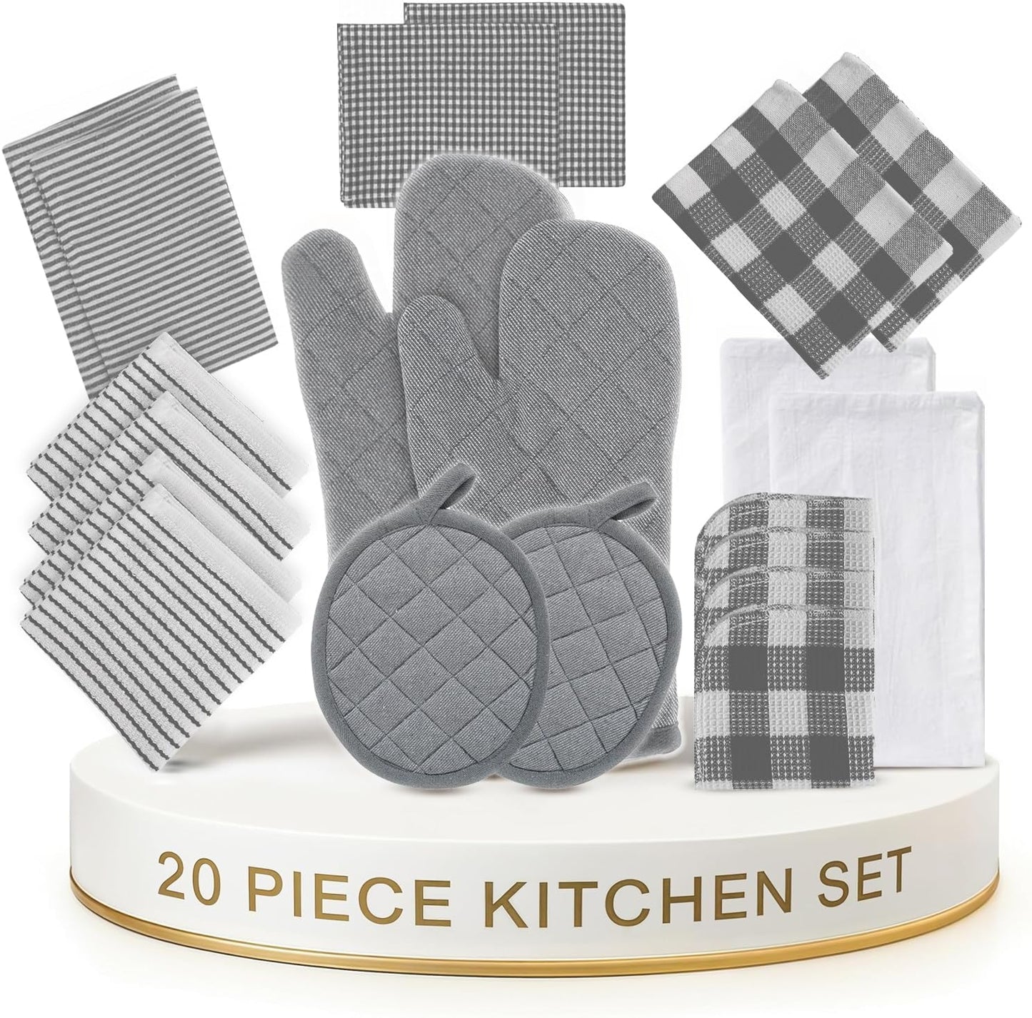 LANE LINEN Kitchen Towels and Dishcloths Sets - 20 Pc Kitchen Essentials for New Home, Heat Resistant Oven Mitts & Pot Holder, Absorbent Flour Sack Dish Towels- Grey