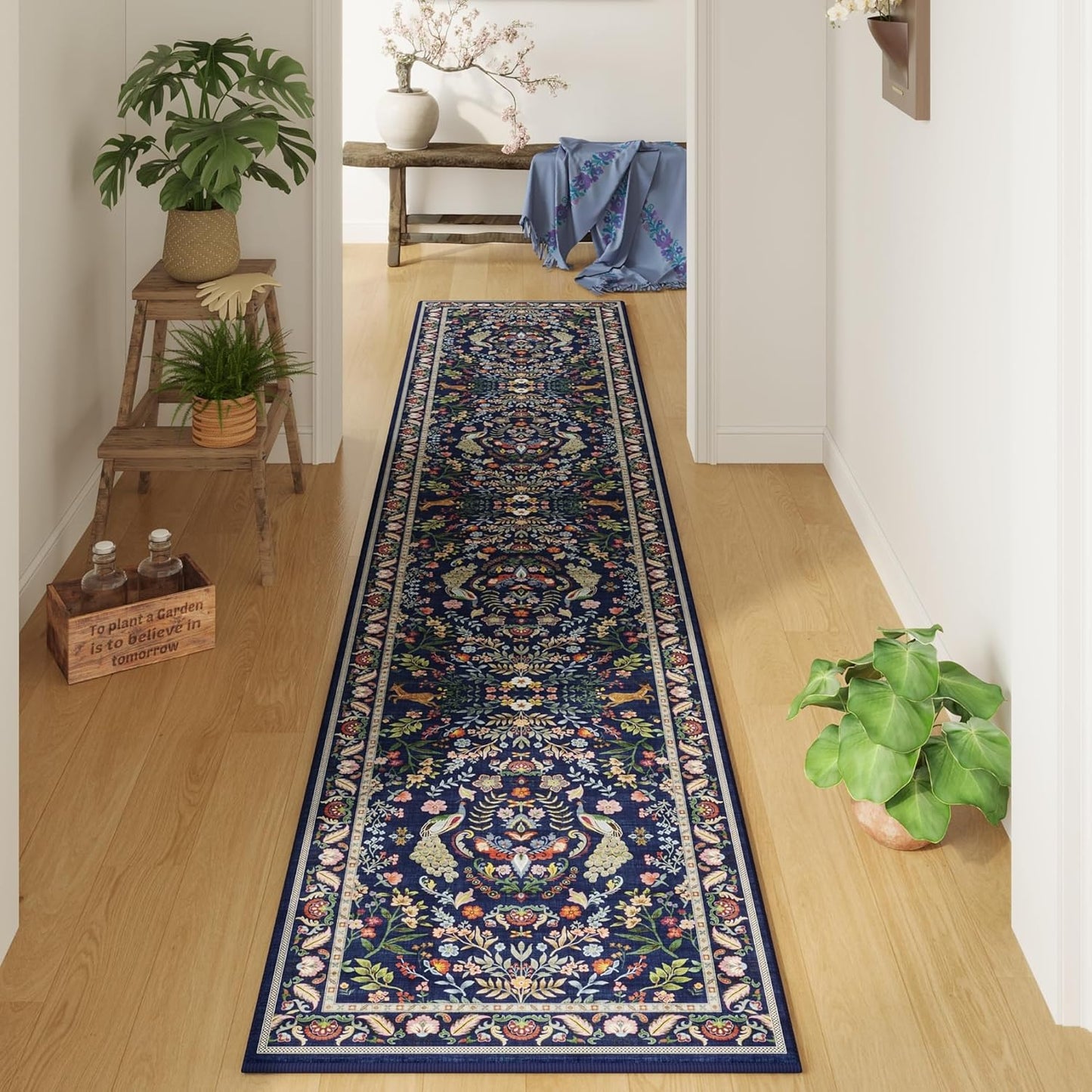 Runner Rug Washable Kitchen Runner 2'x 10' Runner Rug for Entryway Indoor Floral Soft Non-Slip Carpet Runner for Hallways, Kitchen, Laundry, Bedroom, Bathroom(Blue)