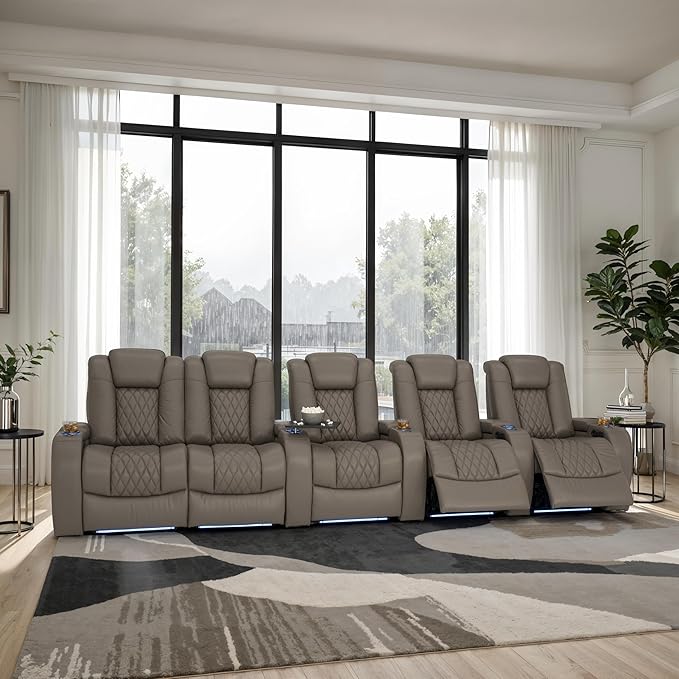 Seatcraft Diamante Zero-Gravity CoolZero Italian Leather Home Theater Seating, Power Headrest, Power Recline, Row of 5 Left Loveseat, Gray