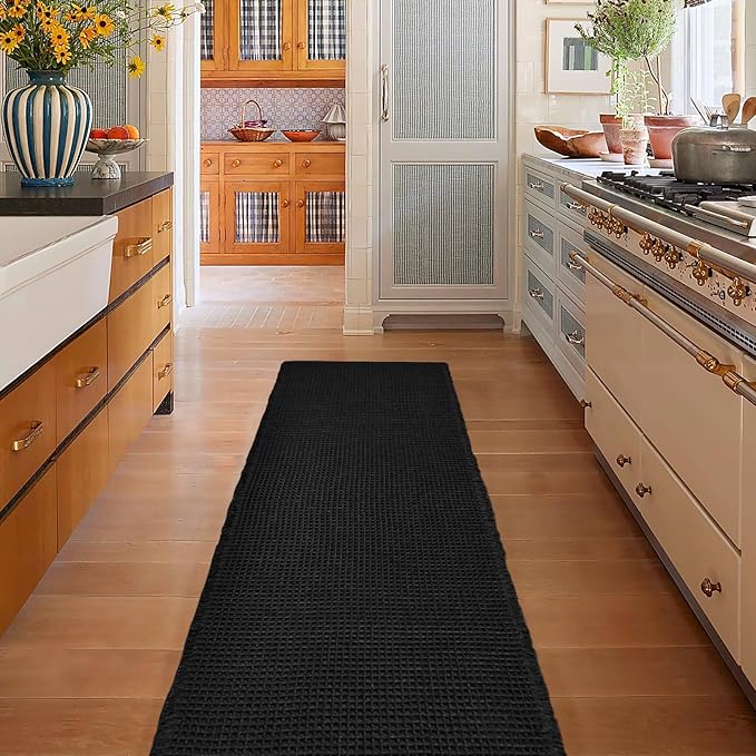 ZALL Waffle Bath Mat Black Super Absorbent Non Slip Bathroom Rug,Rhombus Geometric 24X72inch,Machine Washable Ultra Soft Floor Mats