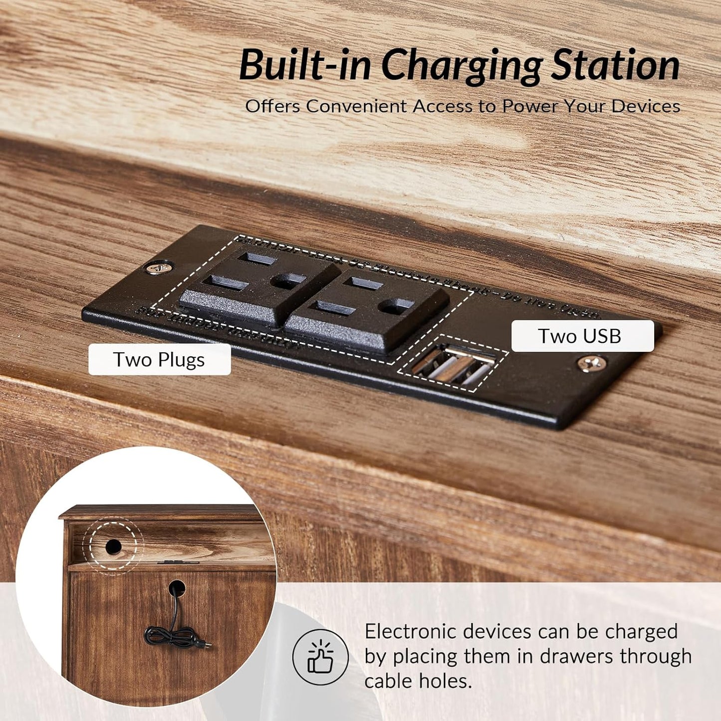 HULALA HOME 3-Drawer Nightstand with Charging Station, Drawer Organizer with Wood Legs, Farmhouse Solid Wood Nightstand Set of 2(Walnut)