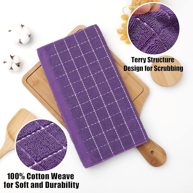 Homaxy 100% Cotton Terry Kitchen Dish Cloths, Ultra Soft and Absorbent Dish Towels for Kitchen, Suitable for Drying and Washing Dishes, 6 Pack, 12 x 12 Inches, Purple