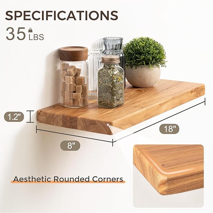 Rustic Solid Elm Wood Floating Shelves, 18" W x 8" D Floating Shelf Wall Mounted, 8 Inch Deep Wall Shelves, Wooden Bathroom Shelf for Home, Deep Bookshelf for Living Room, Set of 2