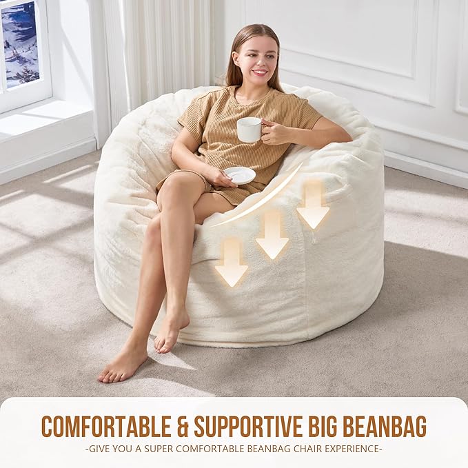 Hobestluk 3ft Bean Bag Chairs for Adults Large Beanbag Chair with Plush Faux Fur Cover Big Bean Bag Chair for Living Room Bedroom Dorm Office - White(36” x 36” x 22”)