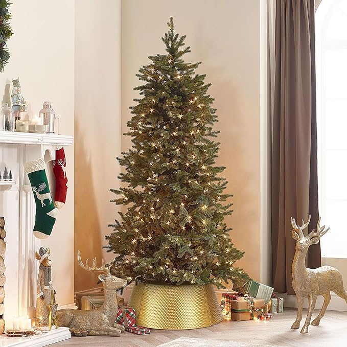 SUNNYPARK Metal Christmas Tree Collar Decoration, 23’’D Golden Christmas Tree Ring with Rhomboid-Patterned Basket Base Cover - Golden