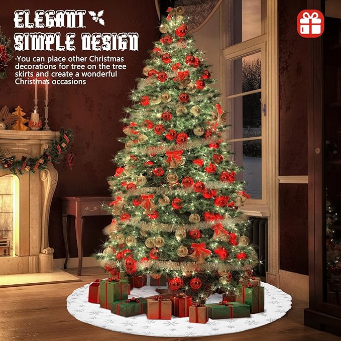 Christmas Tree Skirt 48 inches Faux Fur White Christmas Tree Skirt for Christmas Tree Decorations Winter Holiday Home Christmas Party Ornaments (Silver)